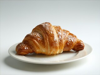 Freshly baked croissant on a white plate with light dusting of flour