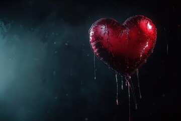 Obraz premium A vibrant red heart-shaped balloon hangs suspended in a dark setting. The balloon appears slightly deflated and is covered in drops of liquid, creating a striking visual.