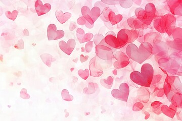 Obraz premium Colorful heart shapes cascade gently in a soft pastel background, creating a romantic atmosphere perfect for a celebration. The setting evokes feelings of love and joy.