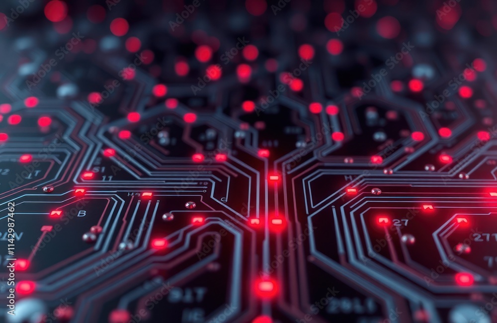 Poster futuristic circuit board tech background shows intricate network of glowing red signals. data transf
