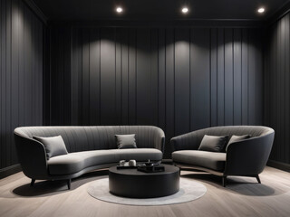 Modern living room interior featuring cozy, plush black  sofas a wooden side table with decorative items, and minimalist decor. The space is enhanced by a large abstract painting and a soft rug
