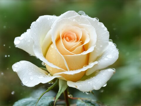 Beautiful yellow rose blooming with raindrops on petals in a serene garden setting - Powered by Adobe