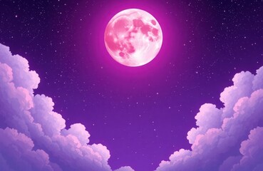 Obraz premium Pink moon glows brightly in purple night sky. Many stars twinkle. Fluffy clouds surround celestial scene. Nighttime atmosphere. Dreamy, magical. Evening sky with pink moon. Fantastic cosmic