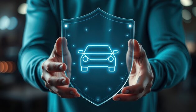 Person holds transparent shield. Shield shows car icon. Digital interface. Concept of car protection. Tech safety, security in modern vehicle. Advanced car service. Innovative future of transport.