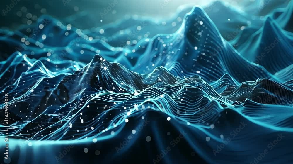 Poster big data mountain range forming from glowing particles with bokeh effect and copy space, representin