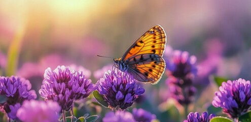 Obraz premium Colorful butterfly resting on blooming purple flowers in a serene garden during sunset