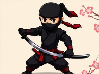 Ninja character poised with katana in a dynamic stance surrounded by cherry blossoms