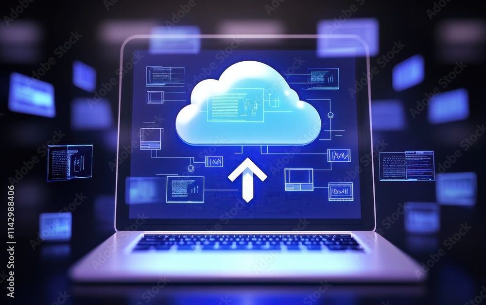 Poster a laptop with a cloud file-sharing icon on the screen, surrounded by digital documents and internet 
