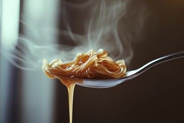 Steam rises delicately from a spoonful of creamy noodles, creating an enticing aroma and sense of warmth in a cozy setting.