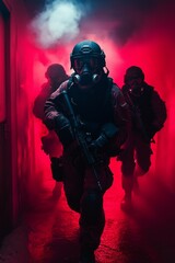 Special operations team navigating hazardous environment with dramatic atmosphere