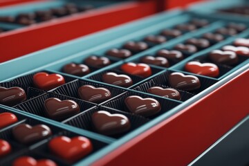 Rows of heart-shaped chocolates glisten, meticulously arranged in a box, embodying sweetness and the art of indulgence.