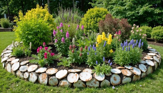 Eco garden edging ideas with circular log border and colorful flowers