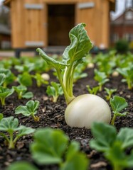 Organic kohlrabi plant growing in garden. Young turnip plants surround fresh kohlrabi. Close-up view of vegetable growth in fertile dark soil. Springtime farm setting. Healthy food production.