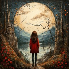 Girl on the shore of a fantasy lake