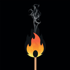 Burning match stick . Flat vector illustration. Isolated on dark black background 