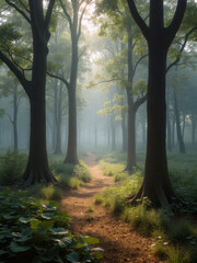 Obraz premium Misty forest trail invites exploration through lush greenery at dawn