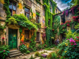 Urban Nature Sketches: Abandoned Building Overgrown with Vines, Graffiti Art, Decaying Beauty, Exploration Photography