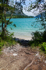 Blick auf t&uuml;rkisblaues Wasser eines bayrischen Sees