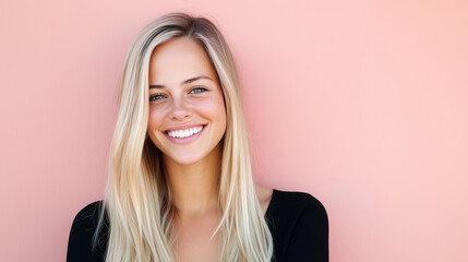 Naklejka premium Smiling Blonde Woman with Long Straight Hair Posing Against a Neutral Pink Background