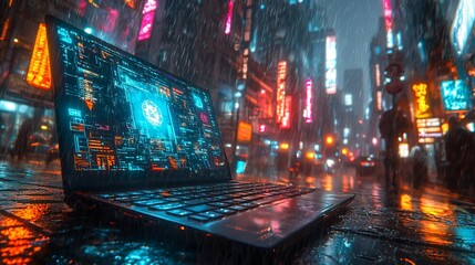 Futuristic laptop on rain-slicked cyberpunk city street at night.