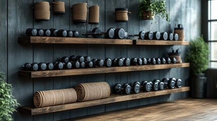 Rustic gym interior with wooden shelves holding dumbbells, yoga mats, and accessories.