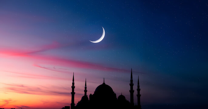 Mosque sunset sky, moon, holy night, islamic night and silhouette mosque