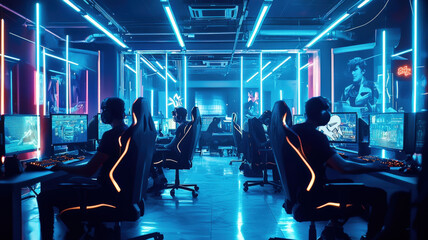 Naklejka premium A high-stakes esports gaming tournament features players in ergonomic gaming chairs, focused on their screens, surrounded by glowing equipment and an excited audience cheering in the background. 