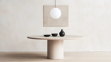 A minimalist dining table with an elegant and simple design, featuring clean lines and neutral tones, creating a sophisticated and modern atmosphere perfect for contemporary dining rooms.
