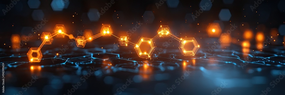 Poster a digital representation of molecular structures with glowing elements on a textured surface.