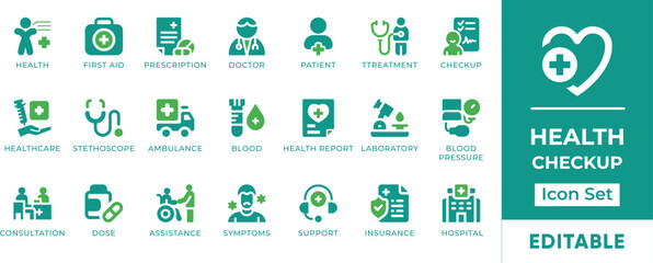 Healthcare Icon Set. Features editable icons for healthcare, medicine, doctor, patient, treatment, first aid, and more. Perfect for healthcare websites, medical apps, and healthcare organizations.