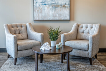 Welcoming therapy office with comfortable chairs, and a neutral color palette designed to evoke calmness