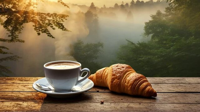 Enjoy a peaceful morning with a steaming cup of coffee and a fresh croissant on a rustic wooden table, set among beautiful trees in warm morning light.