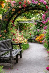 Fototapeta premium Benches surrounded by vibrant flowers in a serene garden on a sunny day