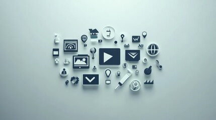 Digital Marketing Icons Solid Gray Large Copy Space - Concept showcasing digital marketing strategy, online promotion, social media engagement, content creation, and brand building.