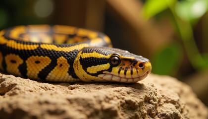 Obraz premium Unique companionship found in a vibrant snake basking on warm rocks in a lush environment