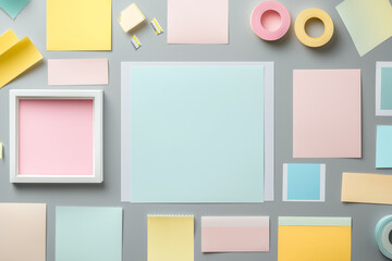 Creative flat lay of pastel stationery items, papers, and frames arranged on a neutral gray background for modern art mockups
