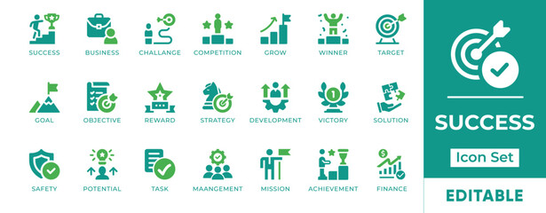 Success Icon Set. Features goal, achievement, successful, management, objective, solution, strategy, task, winner, target, challenge, mission, aim, motivation, and reward