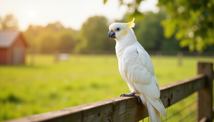 Charming white cockatoo perched on a fence in a serene countryside setting during golden hour