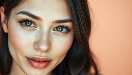 Obraz premium Close-up portrait of woman with flawless skin, natural makeup. Beautiful model with dewy glow. Focus on face. Eyes, lips accentuated with subtle makeup. Natural light highlights features. Stunning