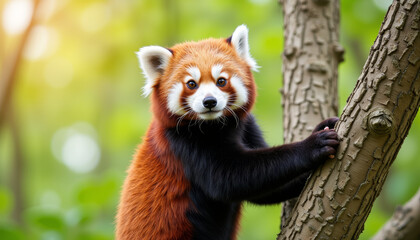 Fototapeta premium Curious red panda explores its natural habitat in a vibrant forest setting during a sunny afternoon