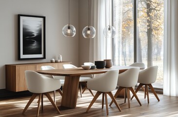 Modern dining room with large windows and stylish decor during daylight hours
