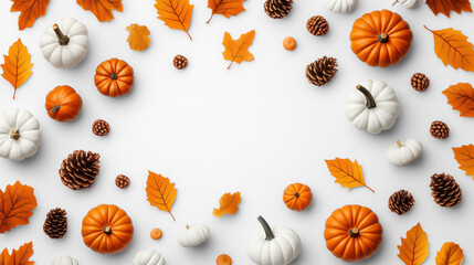 Autumn pumpkins with leaves and pinecones on invisible background