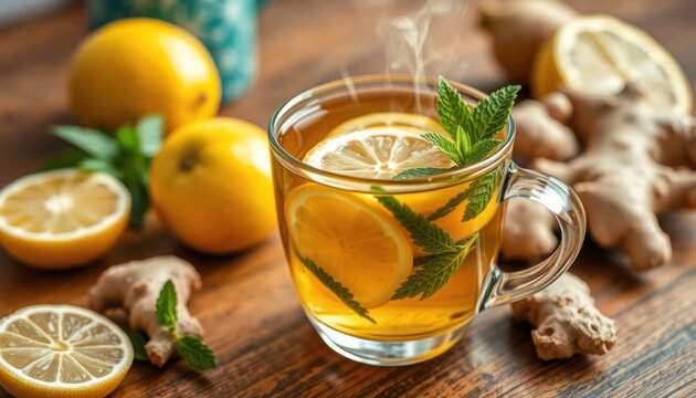 Warm herbal tea with lemon, ginger served in transparent glass cup. Fresh mint leaves, lemon slices on top of tea. Natural ingredients like ginger, lemon on wooden surface. Refreshing, healthy drink.