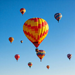 Fototapeta premium Several colorful hot air balloons drift against a clear blue sky, creating a vibrant and whimsical scene