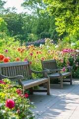 Obraz premium Benches surrounded by vibrant flowers in a serene garden on a sunny day