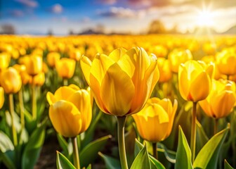 Fototapeta premium Vibrant Yellow Tulip Field, Spring Bloom, Dutch Tulips, Blooming Flowers, Yellow Flowers, Springtime Scenery, Nature Photography, Floral Background, Meadow, Landscape