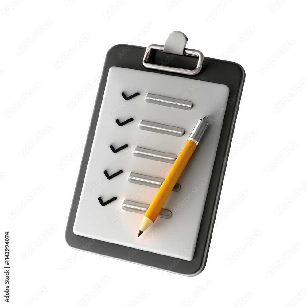 Poster a modern 3d rendering of a clipboard filled with checkmarks and a yellow pencil, designed for task m