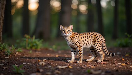 Obraz premium Unique encounter with an exotic serval cat in a serene forest setting during golden hour