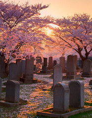 A serene cemetery pathway lined with cherry blossom trees in full bloom, bathed in the warm glow of a setting sun