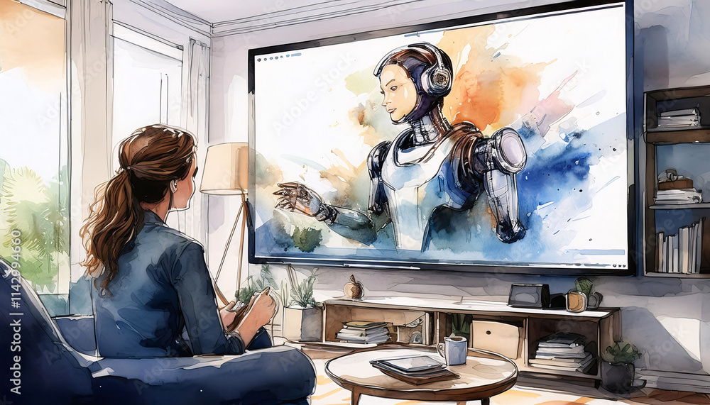 Poster a person sits in a modern room, interacting with a robot displayed on a large screen, suggesting a c
